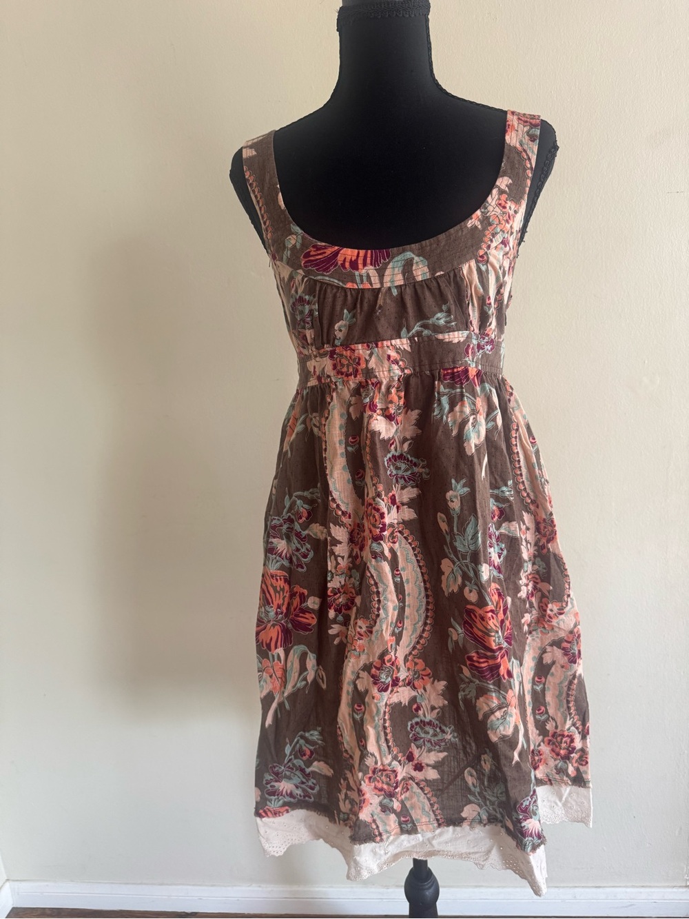 Free People Brown Floral Paisley Midi Dress with Pink Accents